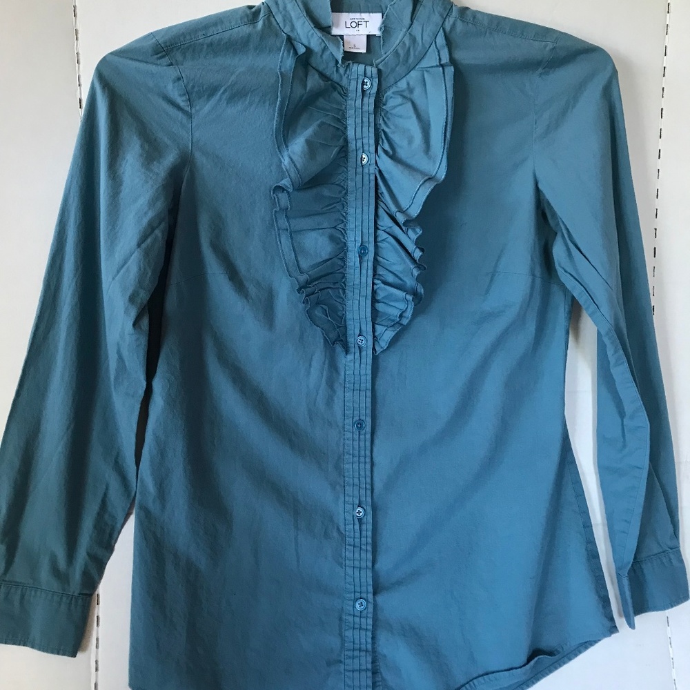 Ann Taylor Loft Blue Ruffled Blouse Small